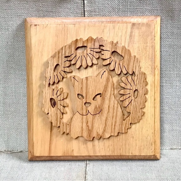Vintage Other - Vintage Cat In Flowers Wood Mounted Wall Plaque Kitty Lover Rustic Farmhouse